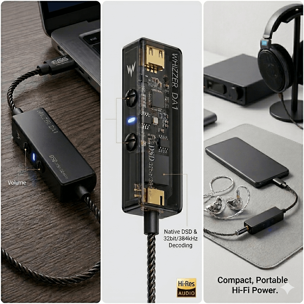 Whizzer DA1 USB-C Amplifier by THE VOLTRAY VAULT, compact design with volume control, Hi-Res audio features, and portable.