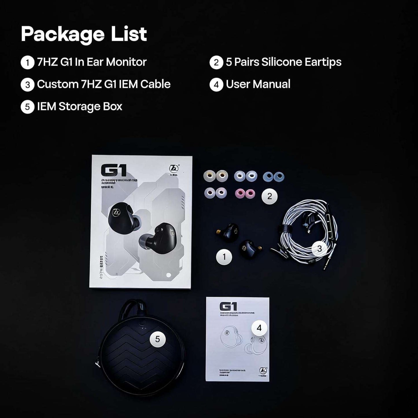 Linsoul 7HZ G1 in-ear monitors with silicone eartips, custom cable, storage box, and user manual on a black background.