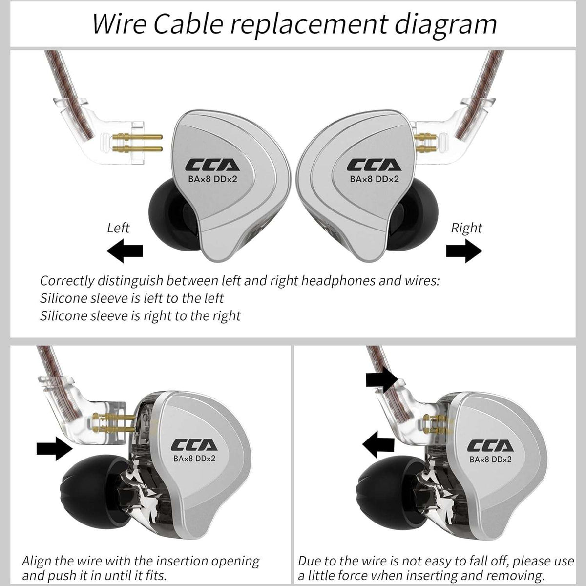 Diagram showing the CCA C10 earphones with wire cable replacement instructions, highlighting left and right identification.