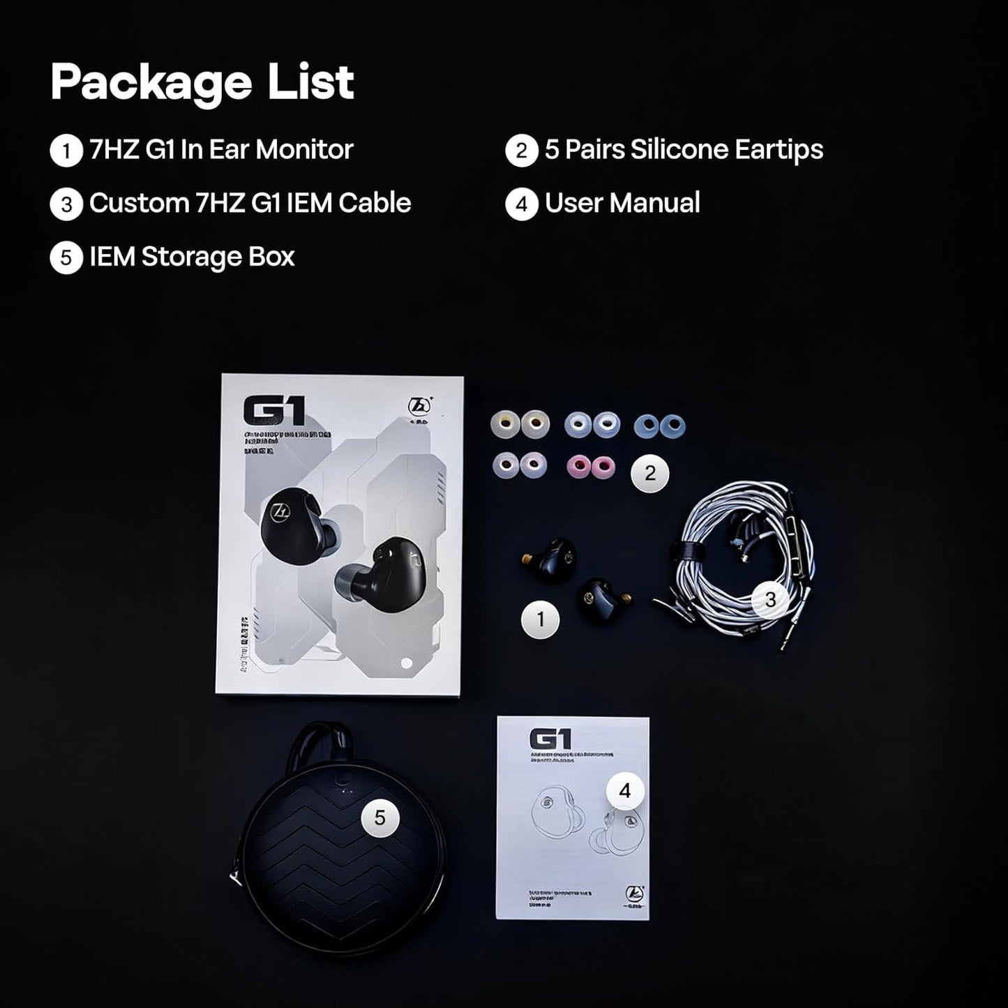 Linsoul 7HZ G1 in-ear monitors with silicone eartips, custom cable, storage box, and user manual on a black background.
