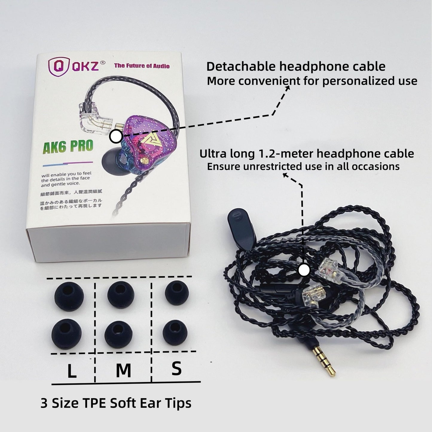 QKZ AK6 Pro in-ear headphones with detachable 1.2m cable and three sizes of soft TPE ear tips displayed.