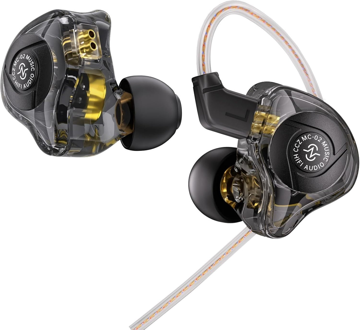 THE VOLTRAY VAULT CCZ MC02 in-ear monitors with transparent housing and gold accents, featuring a detachable cable.
