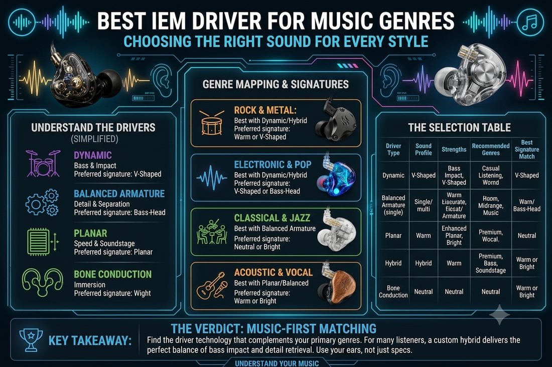 Chart about what kind of iem driver is best based on music genre 