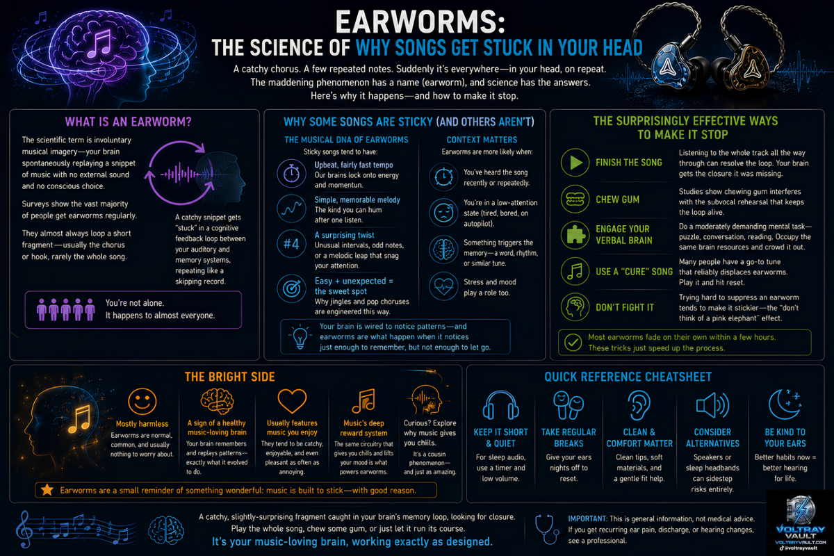 Informational diagram about "ear worms" and how getting a song stuck in your head works