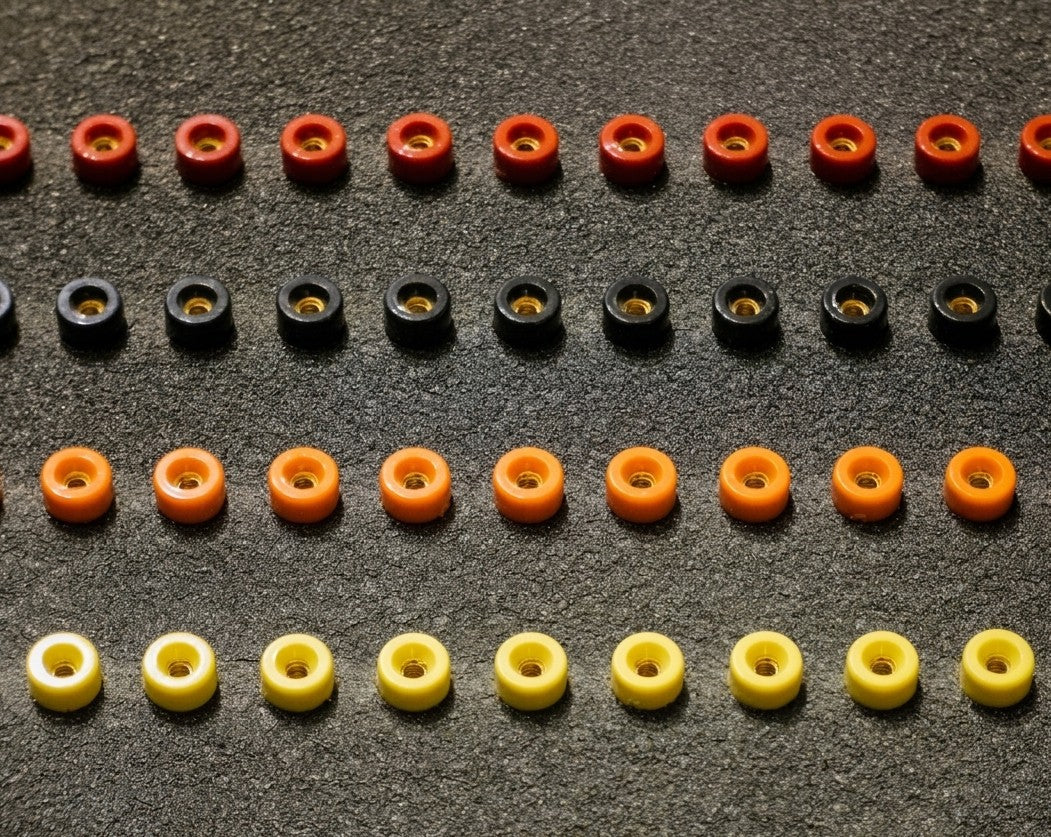 Different colors and sizes of ear tips arranged in rows