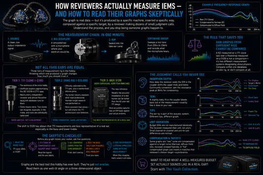 An informational diagram about how reviewers measure IEMs and how sound graphs differ