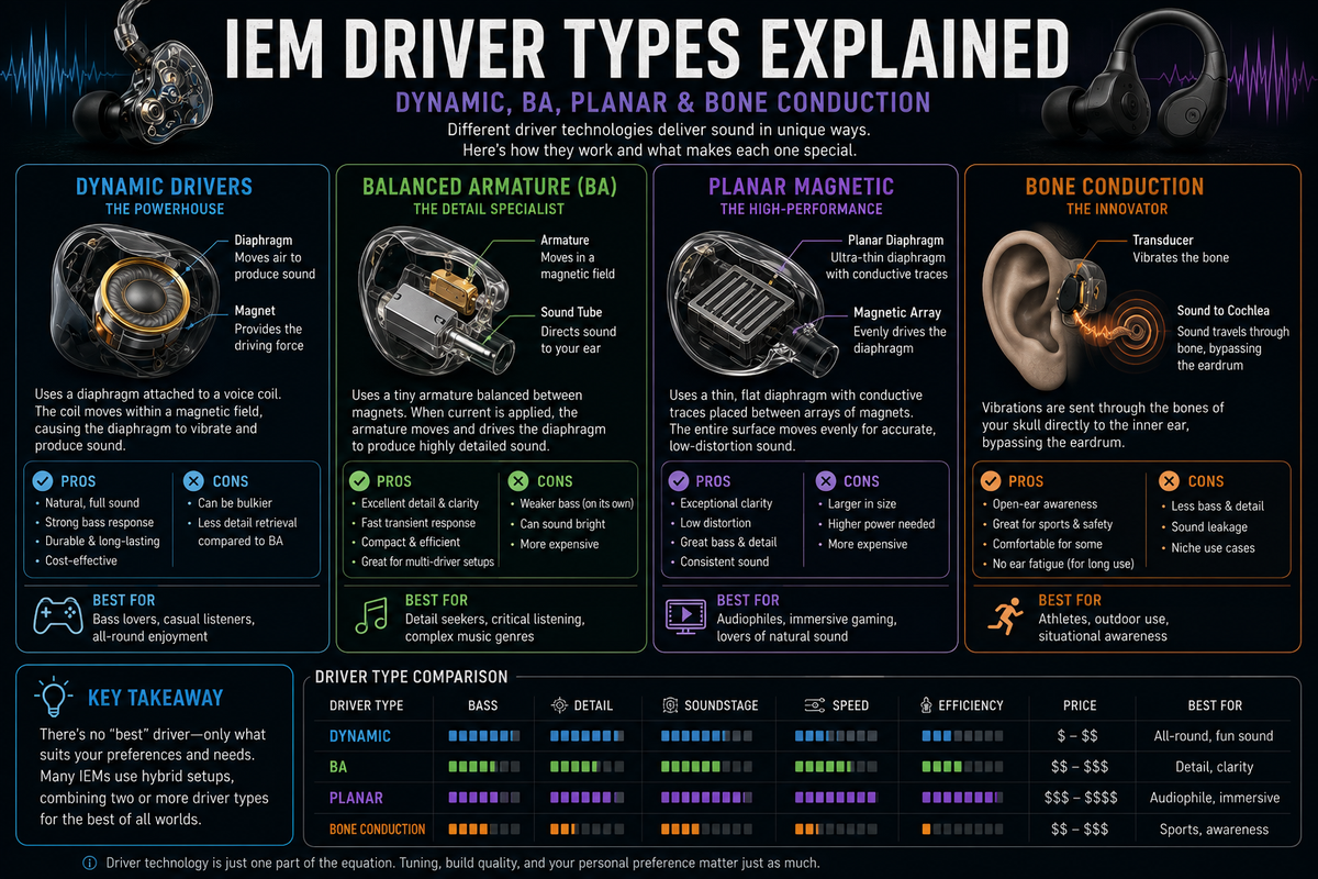 IEM Driver Types Explained: Dynamic, BA, Planar & Bone Conduction