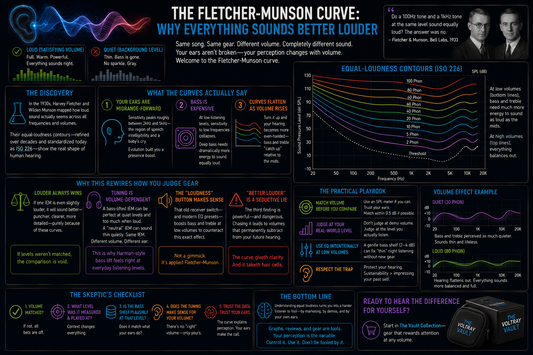 An informational diagram explaining the fletcher-munson curve and how it affects your music at different volumes 