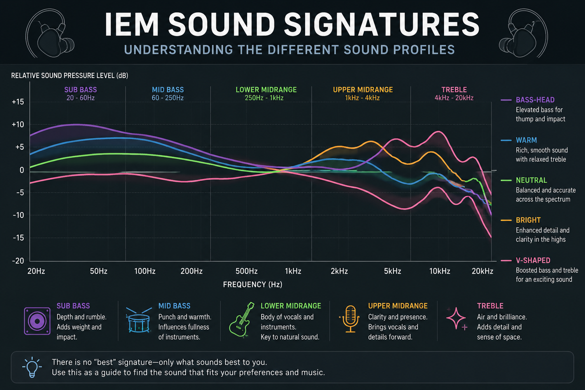 An information graph explaining parts of a sound signature graph and how they affect what you hear