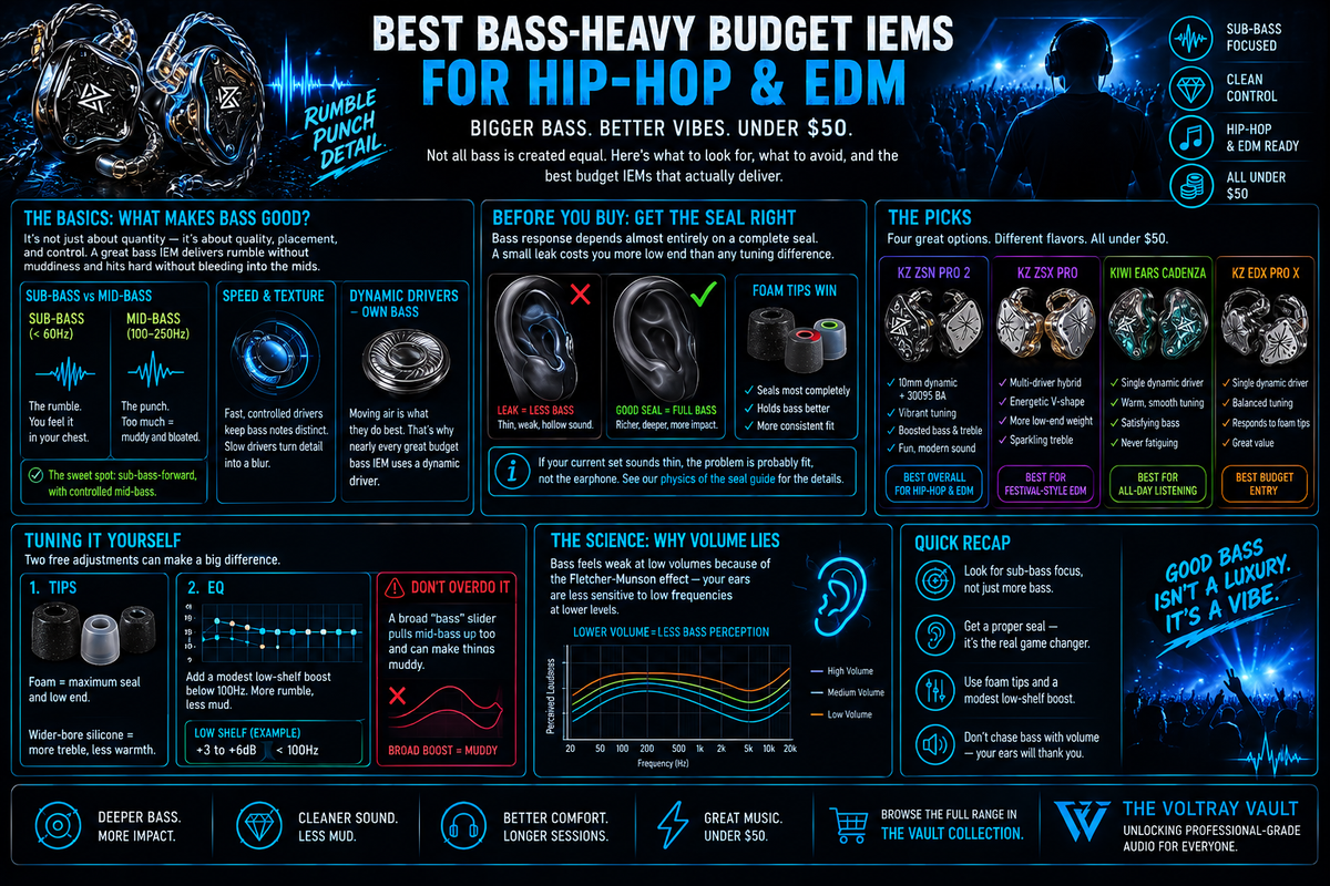 Informational diagram about the best Bass-Heavy Budget IEMs for Hip-Hop & EDM