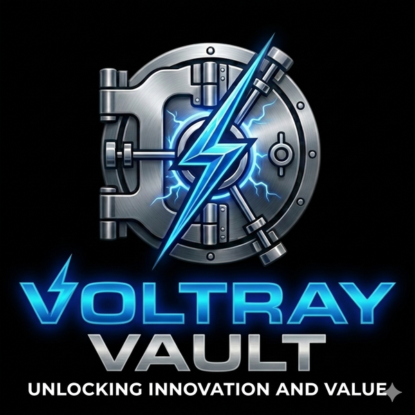 Vault door with blue lightning bolt, glowing Voltray Vault logo, tagline unlocking innovation and value.