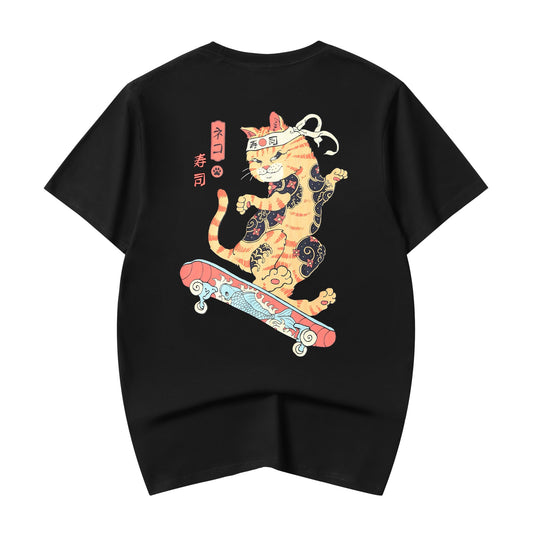 YeT019 Neko Skateboarding Cat Tee