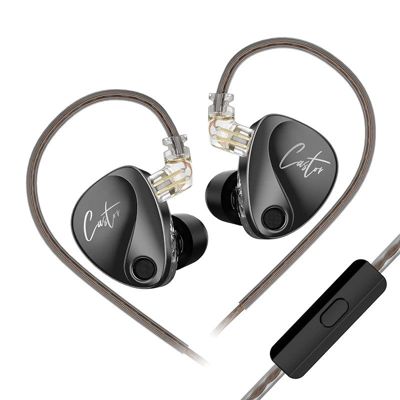 KZ Castor in-ear monitors with a sleek black design and detachable cable, featuring an inline remote control.