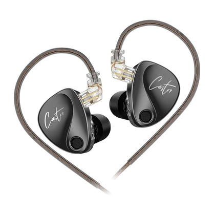 KZ Castor in-ear monitors with a sleek black design and transparent cable, featuring a stylish logo.