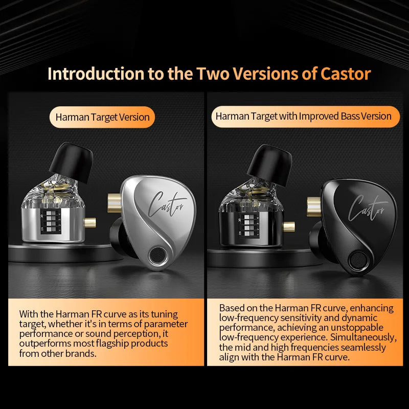 KZ Castor earphones with two versions: Harman Target and Improved Bass, showcasing sleek design and unique features.
