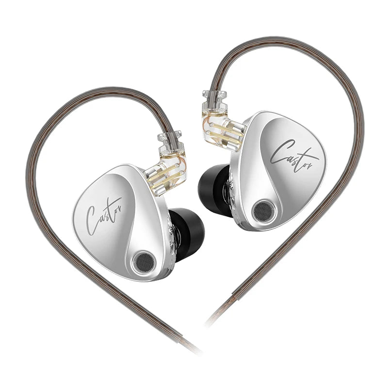 KZ Castor in-ear monitors with silver housing and clear cables, designed for high-quality audio performance.