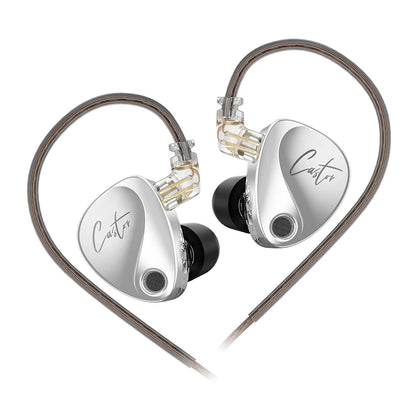 KZ Castor in-ear monitors with silver housing and clear cables, designed for high-quality audio performance.