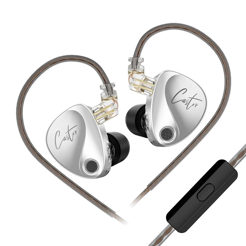 KZ Castor in-ear monitors with silver housings, clear cables, and an inline microphone. Ideal for audio enthusiasts.