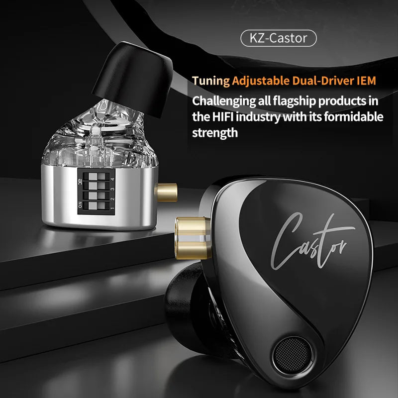 KZ Castor dual-driver in-ear monitors with adjustable tuning, featuring a sleek black design and transparent housing.