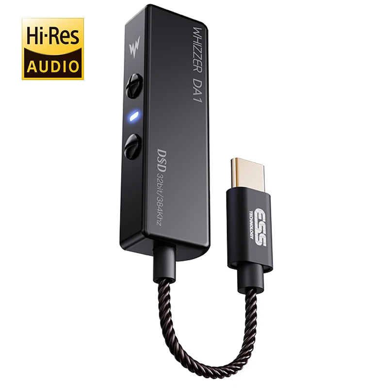 Whizzer DA1 USB-C Amplifier by THE VOLTRAY VAULT, featuring a sleek black design with a braided cable and Hi-Res Audio certif