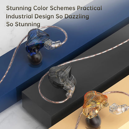 CVJ KE S earphones featuring stunning color schemes and a practical industrial design, displayed on contrasting surfaces.