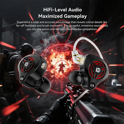 KBEAR BK-1 earbuds with red accents, designed for high-fidelity audio and immersive gaming experience.