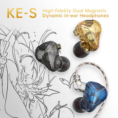 High-fidelity dual magnetic dynamic in-ear headphones from THE VOLTRAY VAULT, available in black, gold, and blue colors.