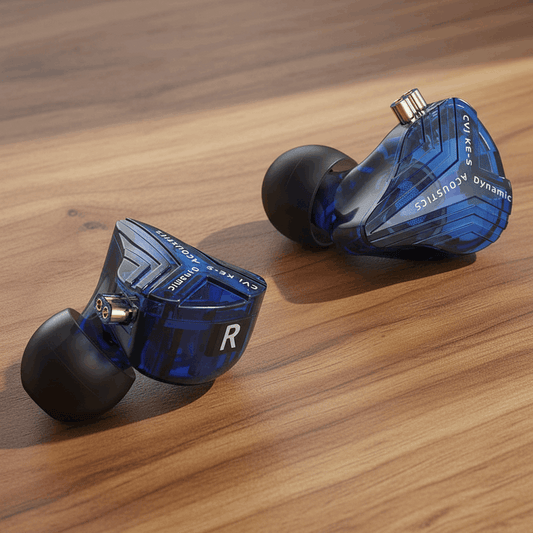 Blue in-ear monitors from THE VOLTRAY VAULT, model CVJ KE S, featuring dynamic drivers and ergonomic design.