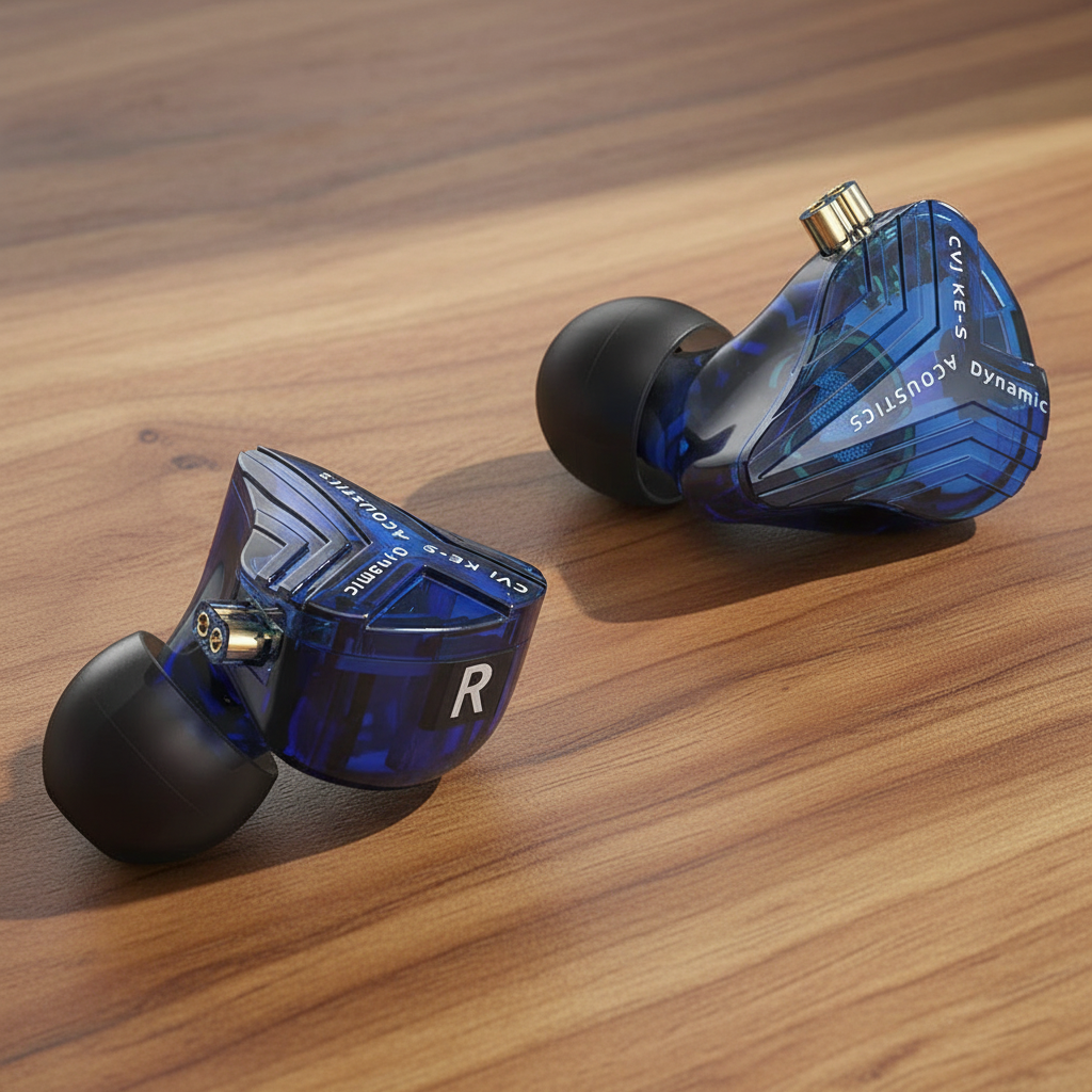Blue in-ear monitors from THE VOLTRAY VAULT, model CVJ KE S, featuring dynamic drivers and ergonomic design.