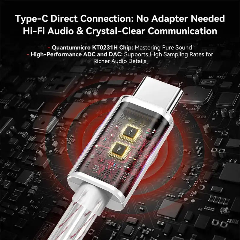 KBEAR BK-1 audio adapter with Type-C connection, showcasing internal chip and circuit details for high-quality sound.