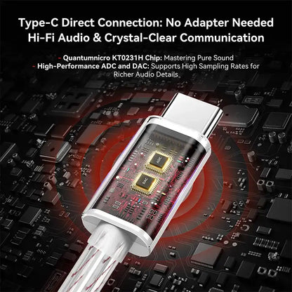 KBEAR BK-1 audio adapter with Type-C connection, showcasing internal chip and circuit details for high-quality sound.