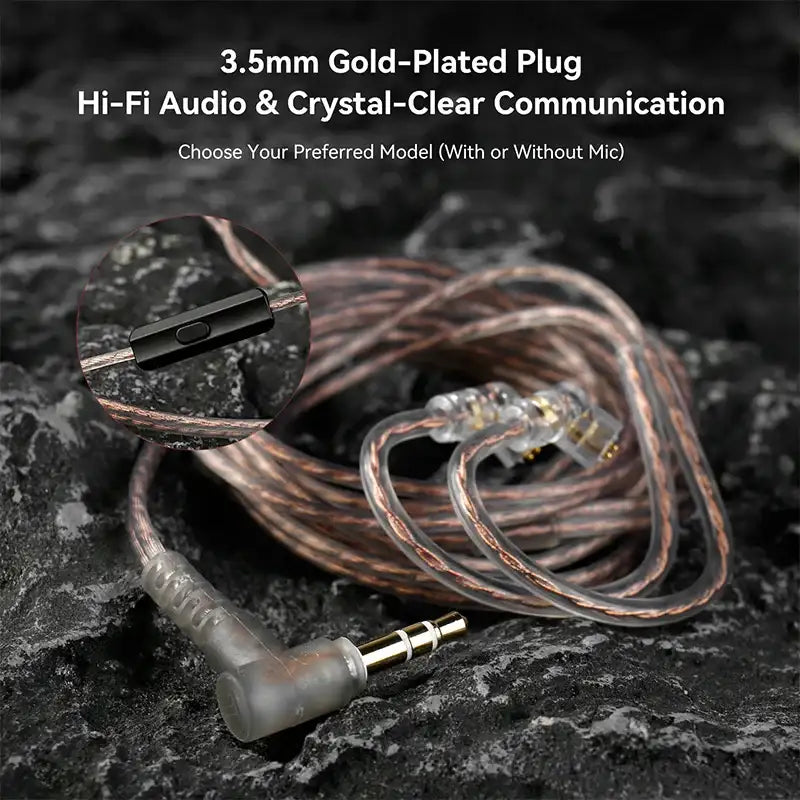 KBEAR BK-1 earphones with a 3.5mm gold-plated plug, featuring a clear audio cable and optional microphone.