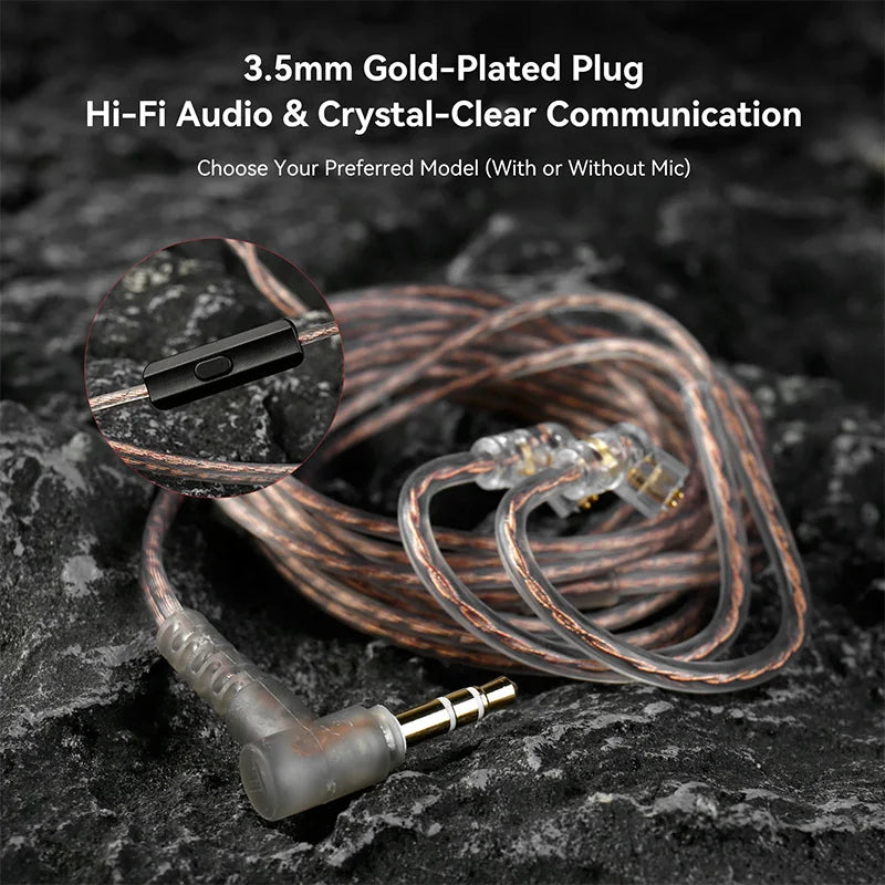 KBEAR BK-1 earphones with a 3.5mm gold-plated plug, featuring a clear audio cable and optional microphone.