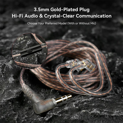 KBEAR BK-1 earphones with a 3.5mm gold-plated plug, featuring a clear audio cable and optional microphone.