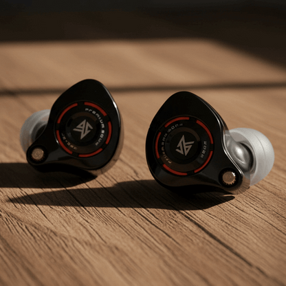 KZ Eldar ultra-light semi-open in-ear monitor headphone in black plastic shell with metal panel