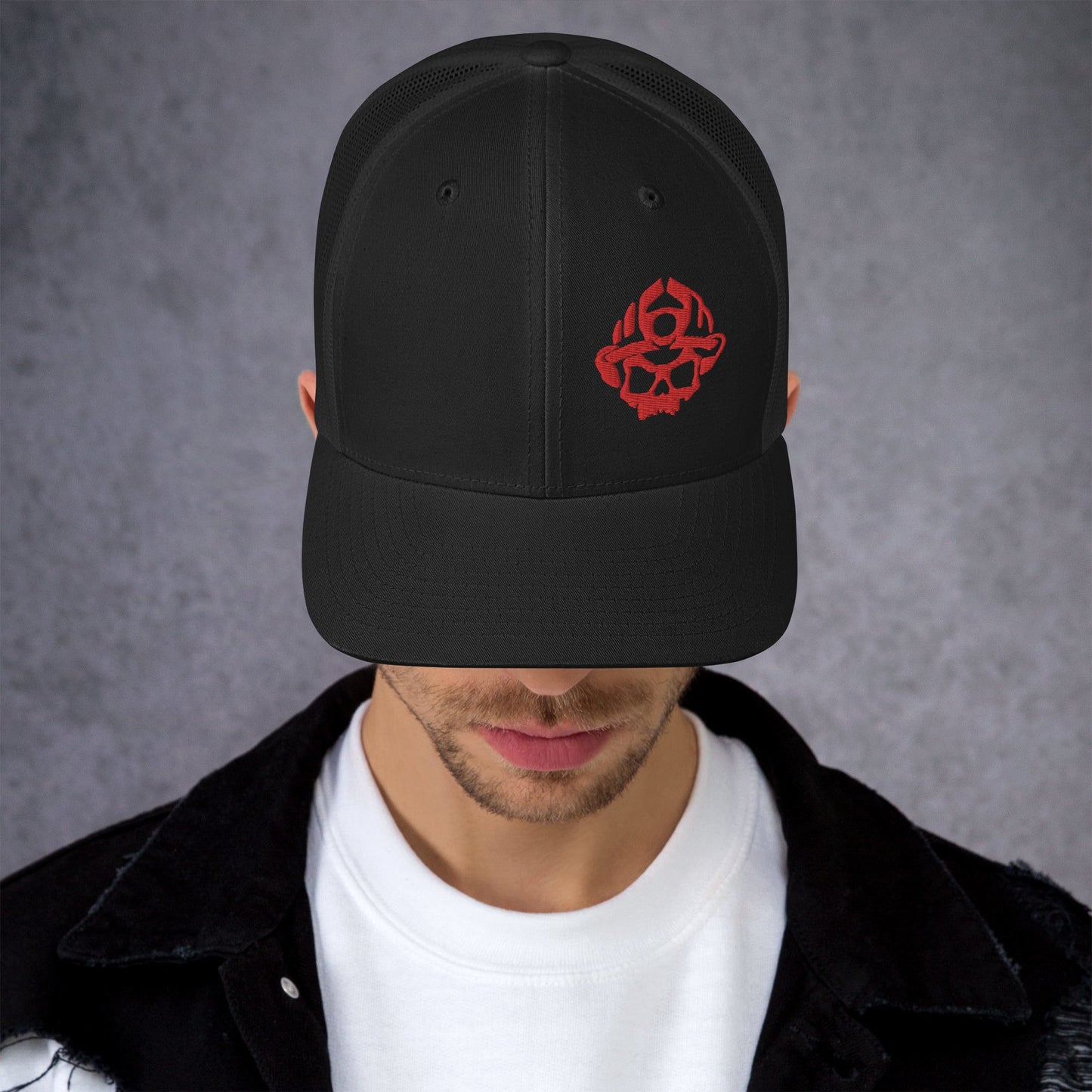 Red 3D Puff Skull Logo Trucker Hat