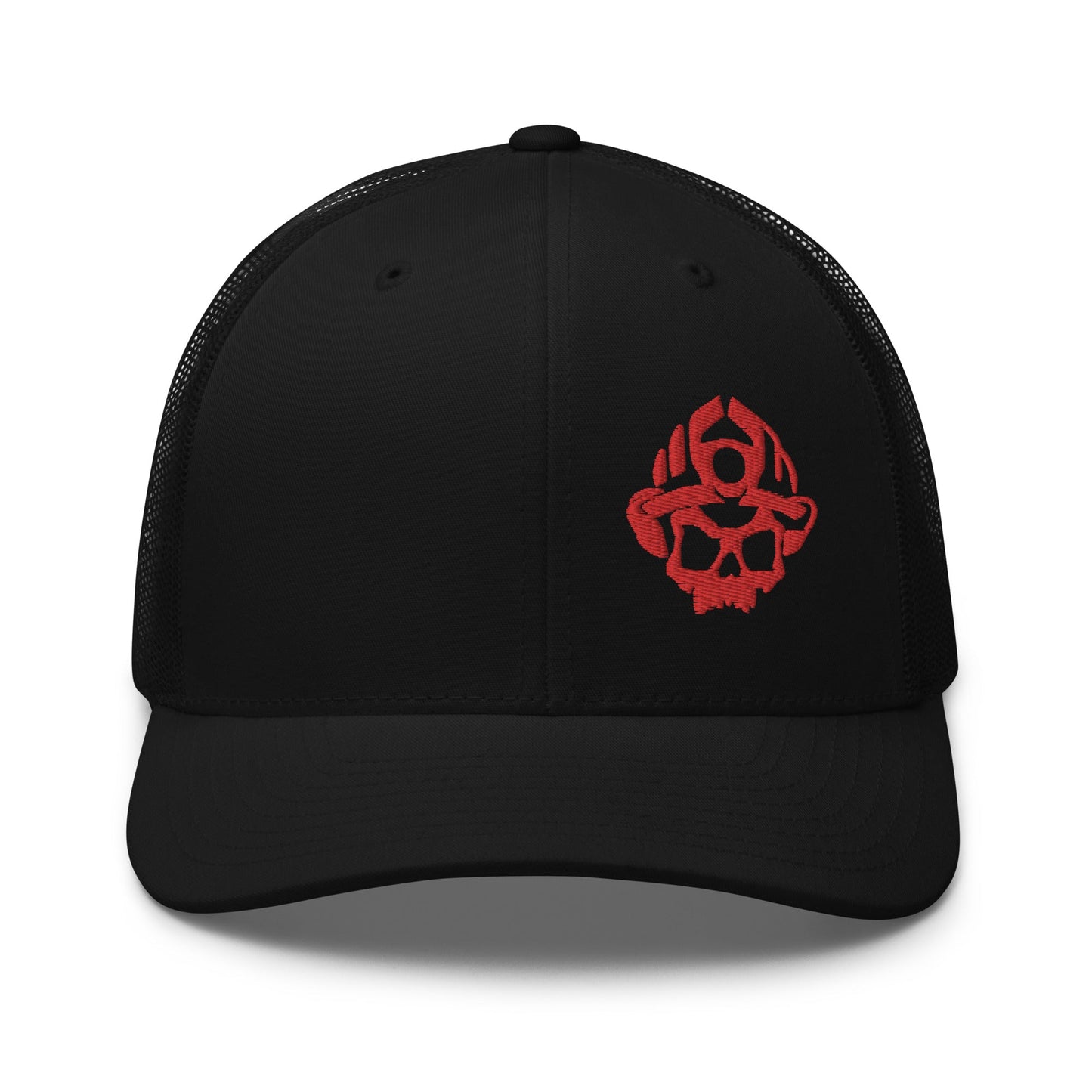 Red 3D Puff Skull Logo Trucker Hat