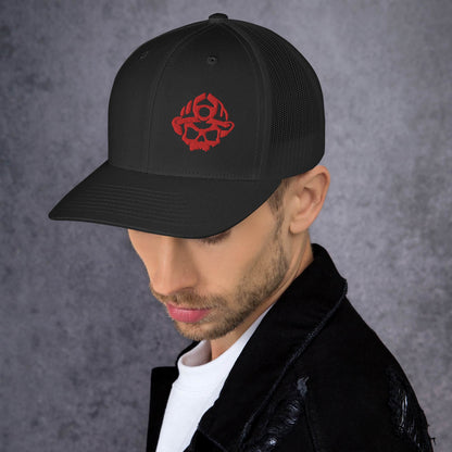 Red 3D Puff Skull Logo Trucker Hat