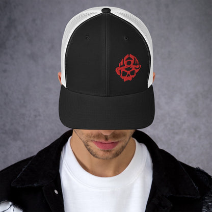Red 3D Puff Skull Logo Trucker Hat