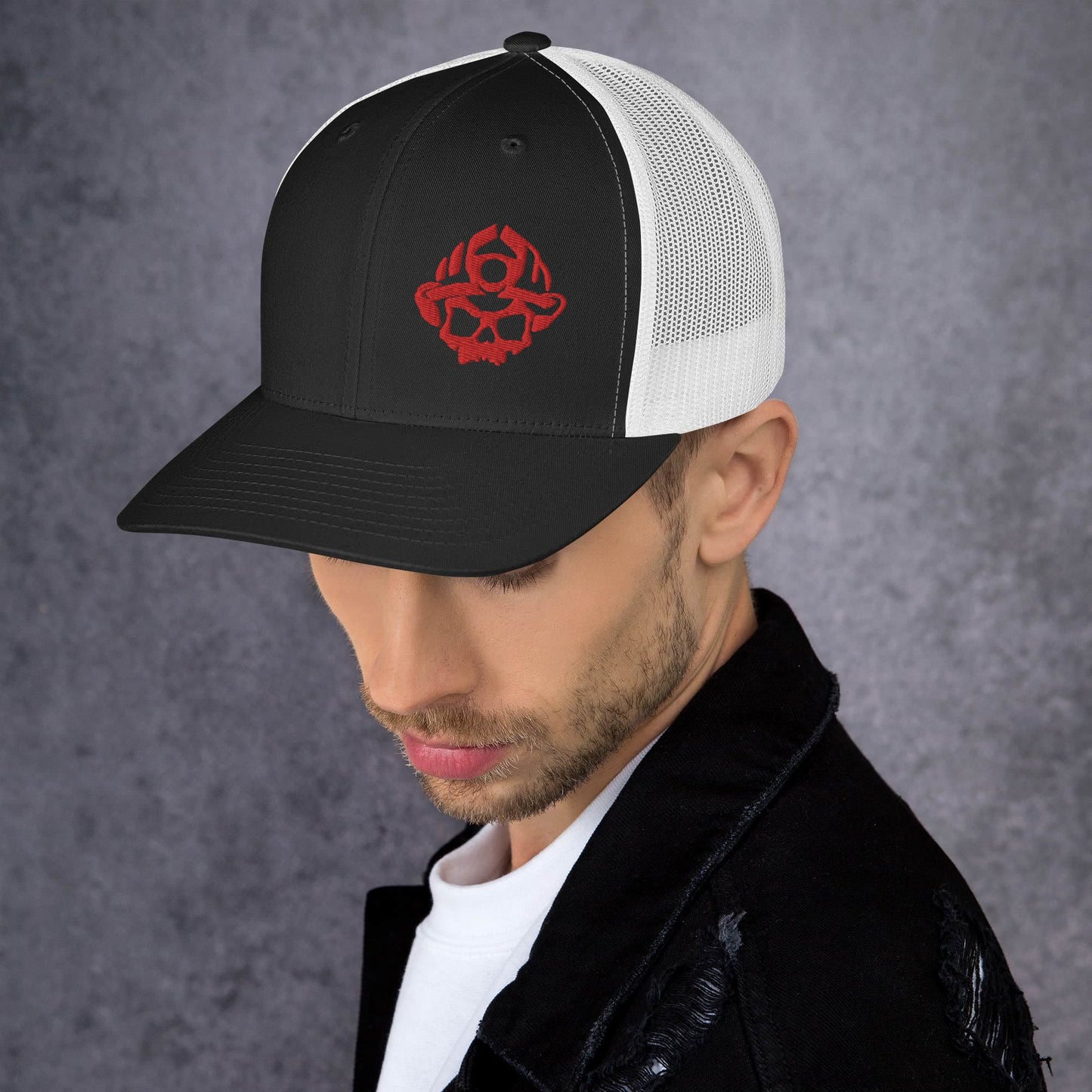 Red 3D Puff Skull Logo Trucker Hat
