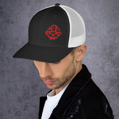 Red 3D Puff Skull Logo Trucker Hat