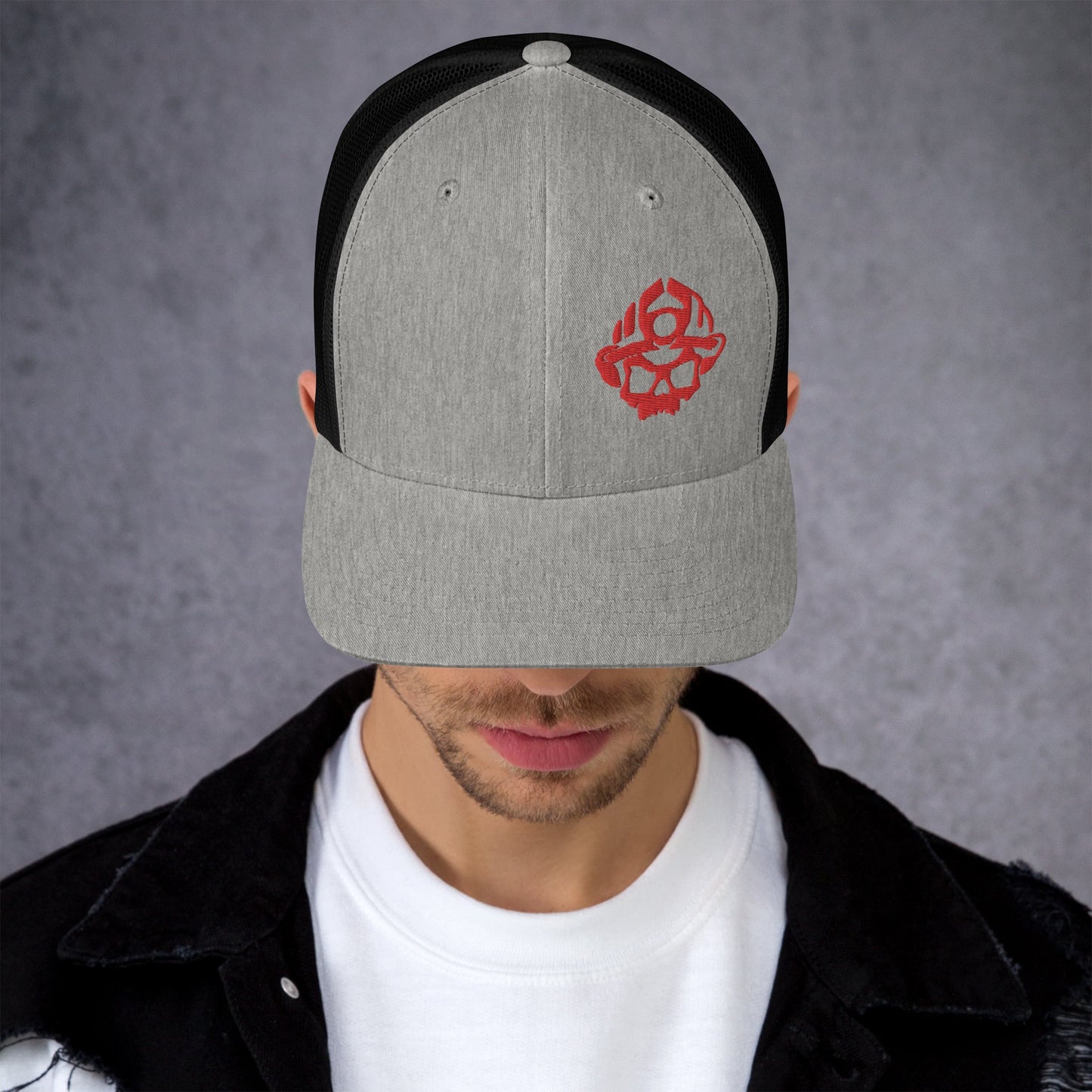 Red 3D Puff Skull Logo Trucker Hat