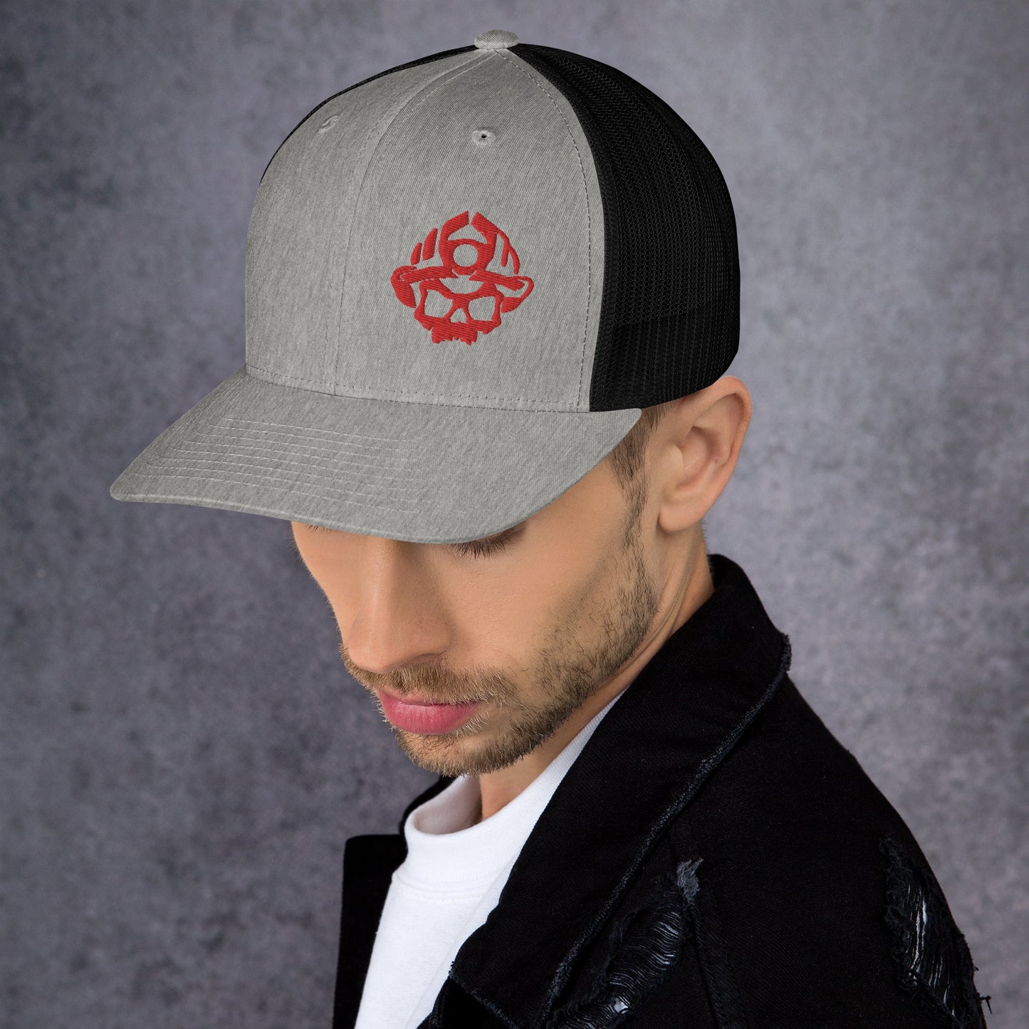 Red 3D Puff Skull Logo Trucker Hat