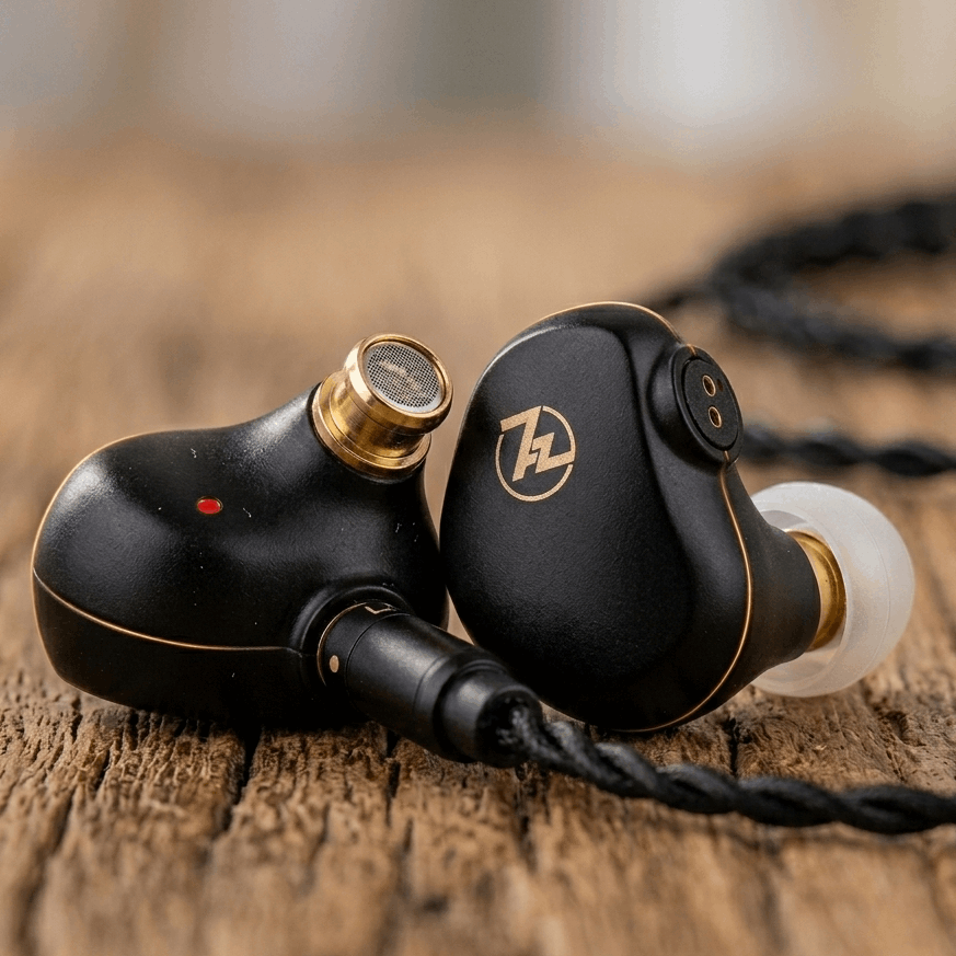 Linsoul 7HZ G1 in-ear monitors with a sleek black design, gold accents, and detachable cable on a wooden surface.