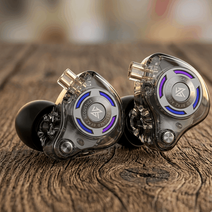 KZ Gale transparent in-ear monitors with black earbuds resting on wooden surface showing internal components.