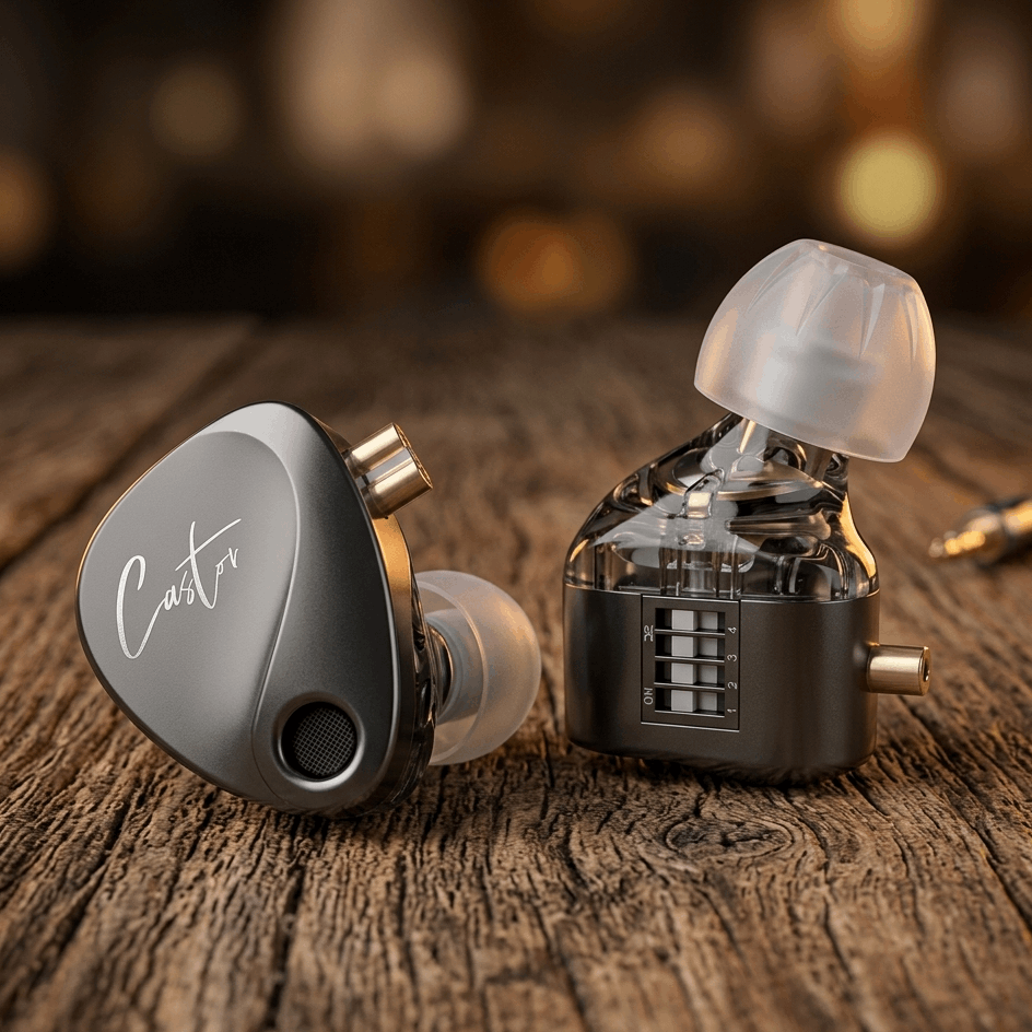 KZ Castor in-ear monitors with a sleek design, transparent housing, and dual connectors on a wooden surface.