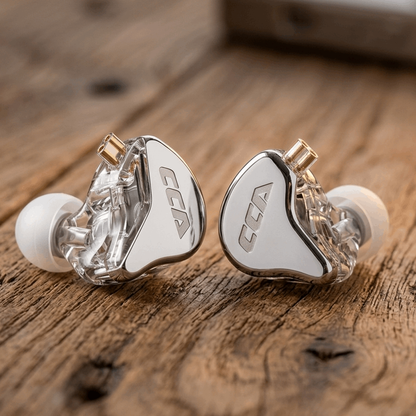 Clear CCA CRA in-ear monitors with a transparent design and white accents, displayed on a wooden surface.