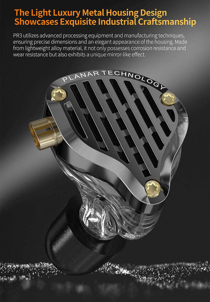 KZ PR3 in-ear monitors feature a transparent metal housing with gold accents, showcasing industrial craftsmanship and lightwe