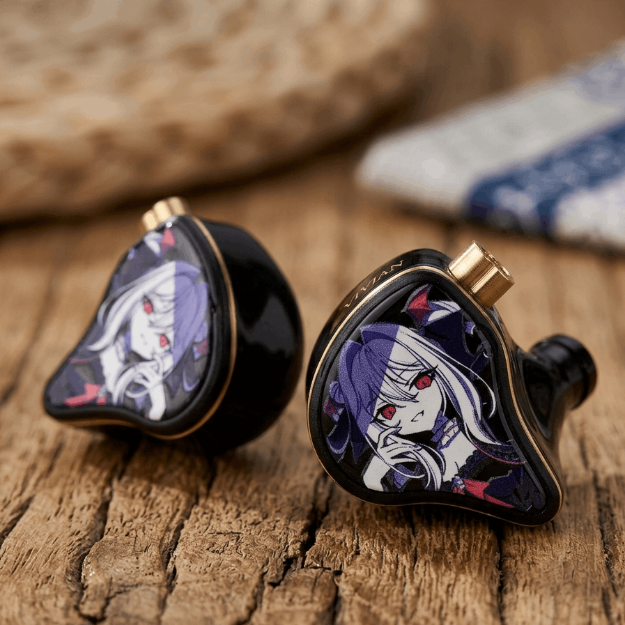 CVJ Vivian earphones featuring a black design with a character illustration, gold accents, and a sleek finish.