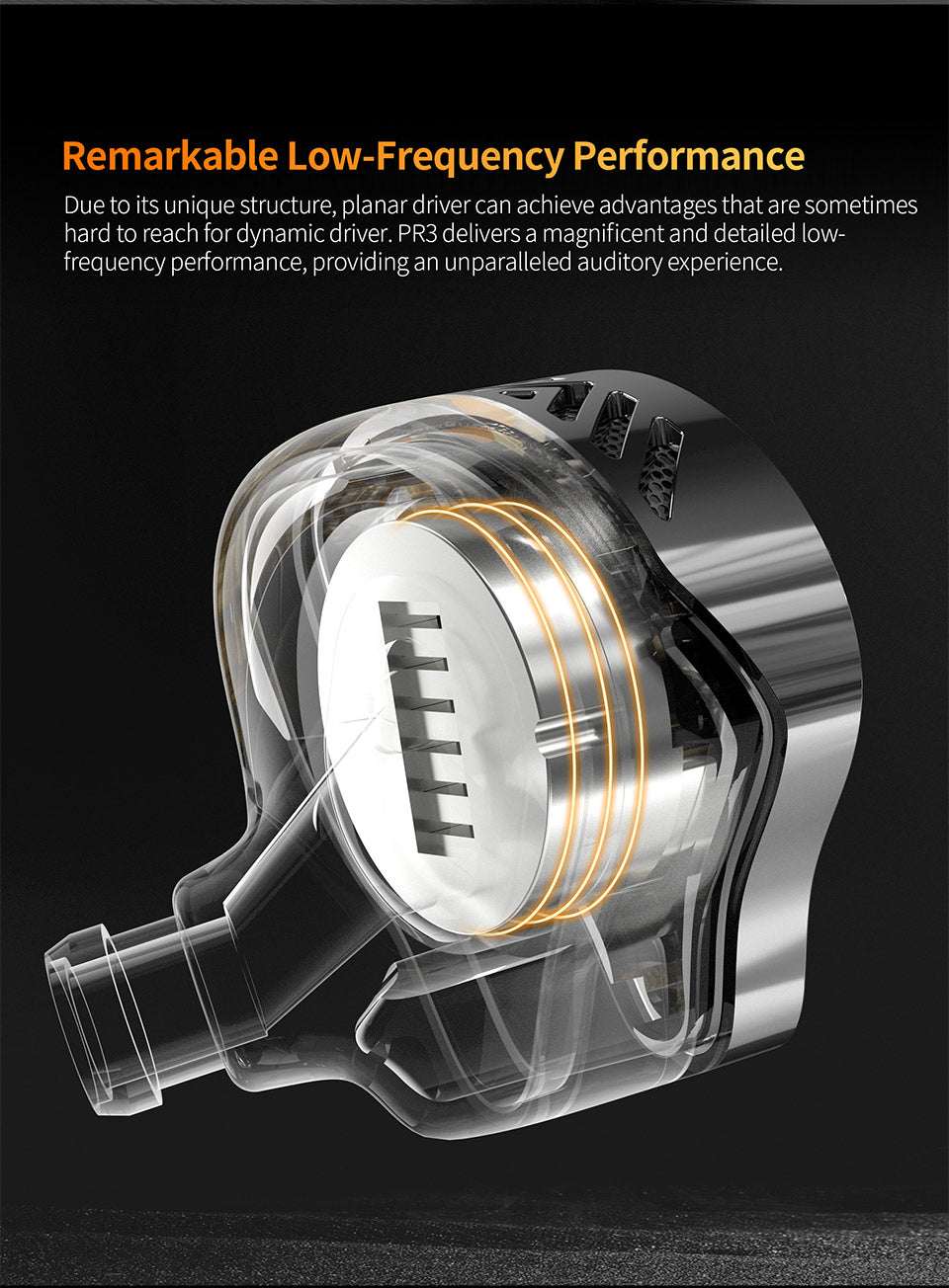 The Voltray Vault KZ PR3 features a transparent design showcasing its planar driver for enhanced low-frequency audio performa